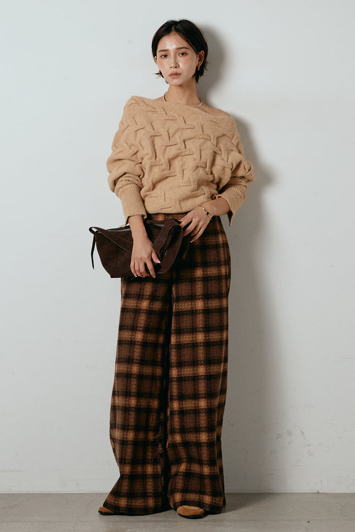 [SET]ボートネックニットトップス+ルーズタータンチェックワイドパンツ(2set)