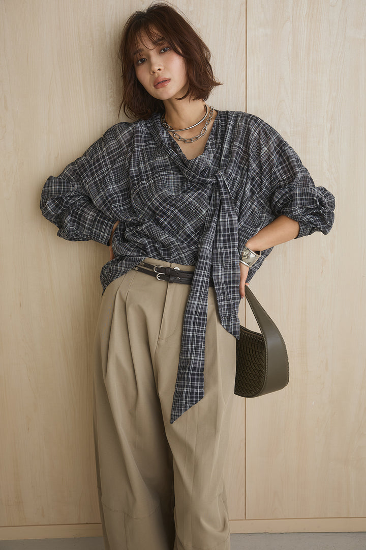 [SET]ネック紐付きワッシャーチェックブラウス+ダブルスキニーベルト付きカーブパンツ(2set)