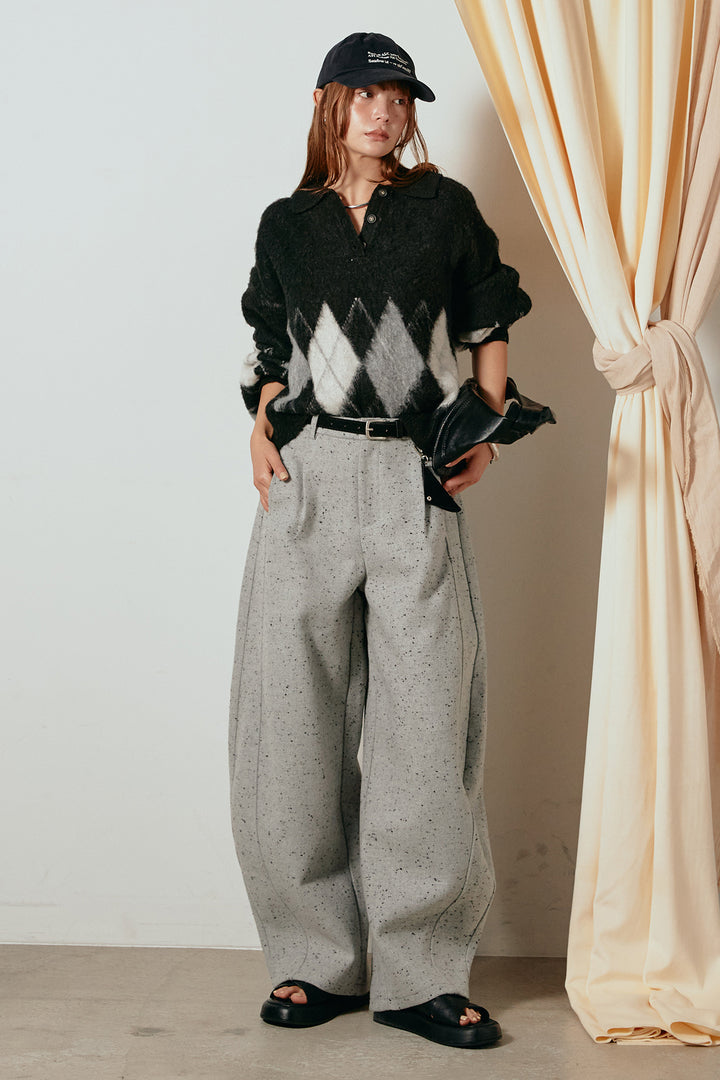 [SET]アーガイル柄ポロニットトップス+ベルト付きネップツイードカーブパンツ(2set)