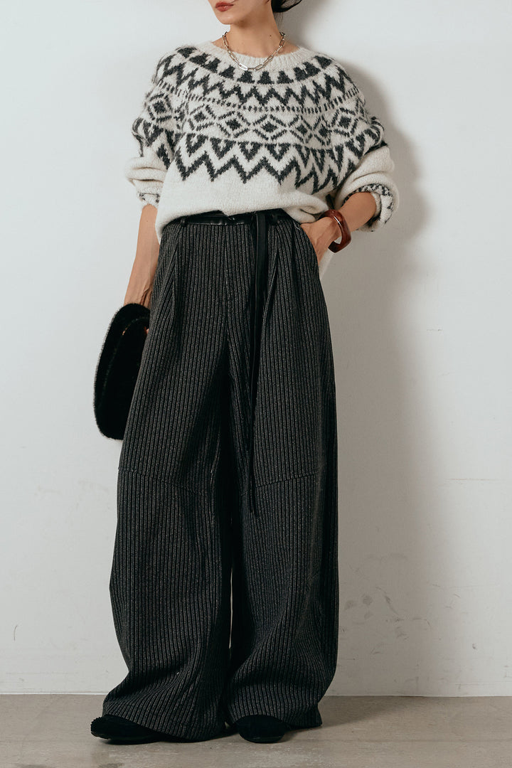 [SET]ノルディック柄Uネックプルオーバー+レザーライク配色ストライプパンツ(2set)