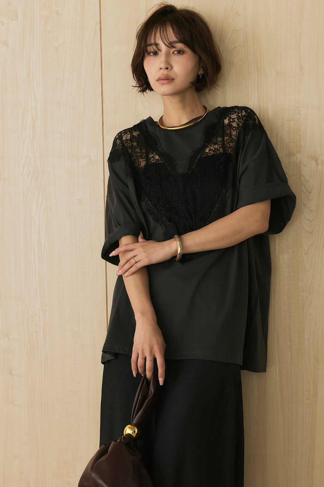 [SET]レース切替ビッグTシャツ+バイアスナローサテンスカート(2set)