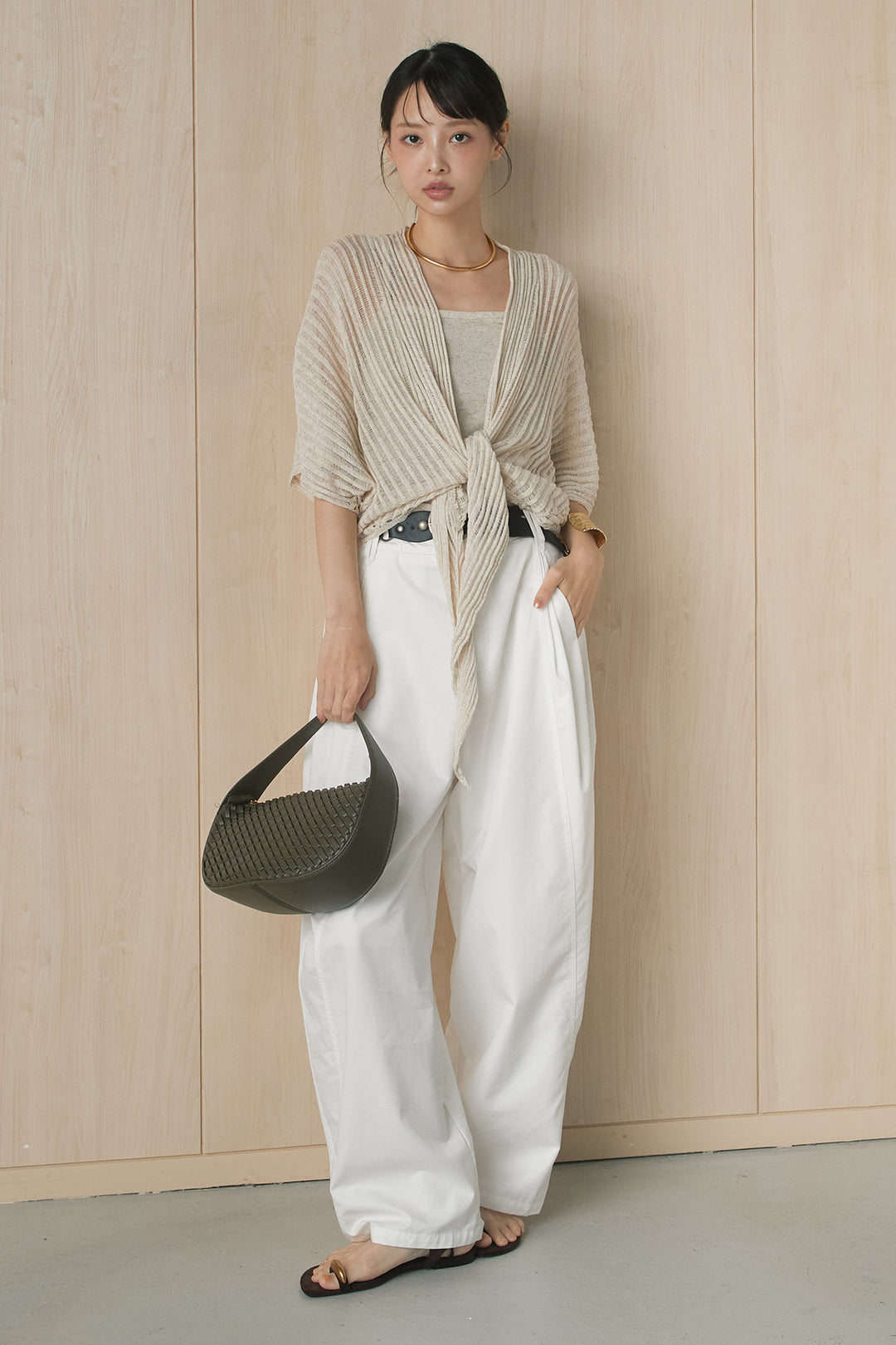 [SET]インナーセット透かし編みカーデ+サークルバックルベルト付きタックワイドパンツ(2set)