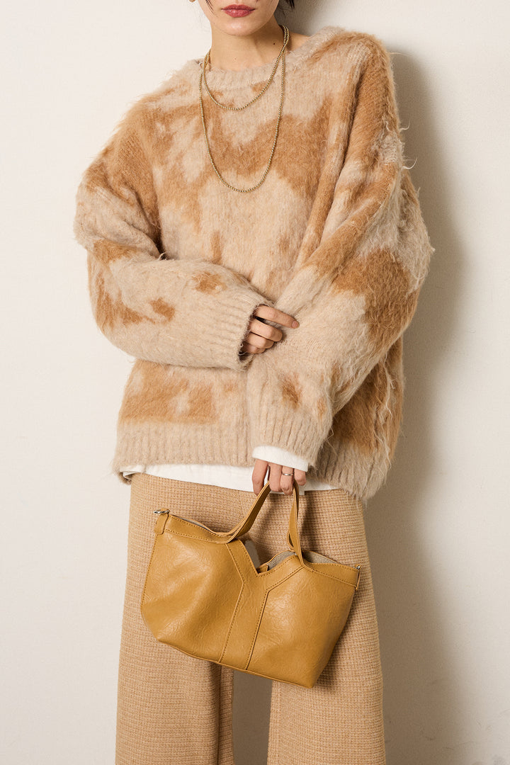 [SET]モヘアタッチマーブルニット+箔プリントBIGシルエットロングスリーブTシャツ+ワイドリブニットイージーパンツ(3set)