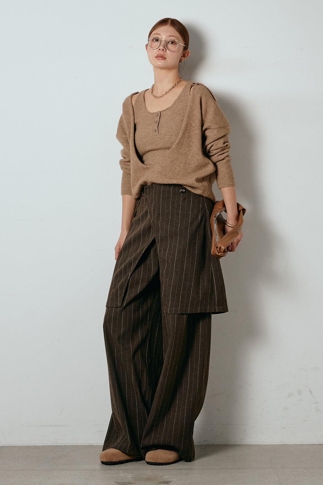 [SET]襟付きレイヤードニットトップス+細ストライプレイヤードデザインパンツ(2set)