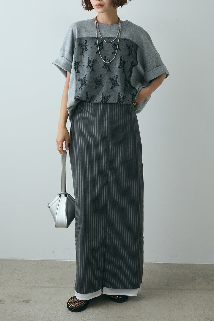 [SET]スクエアレース刺繍Tシャツ+ストライプストレートスカート(2set)