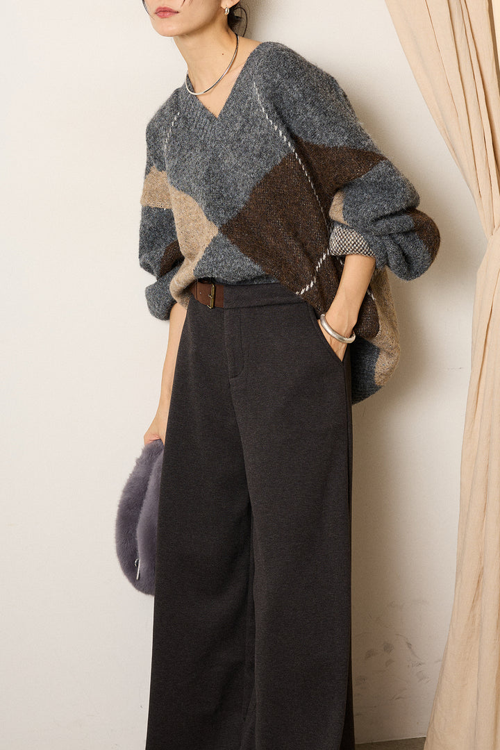 [SET]ルーズアーガイルVネックニット+サイドベルトパンツ(2set)