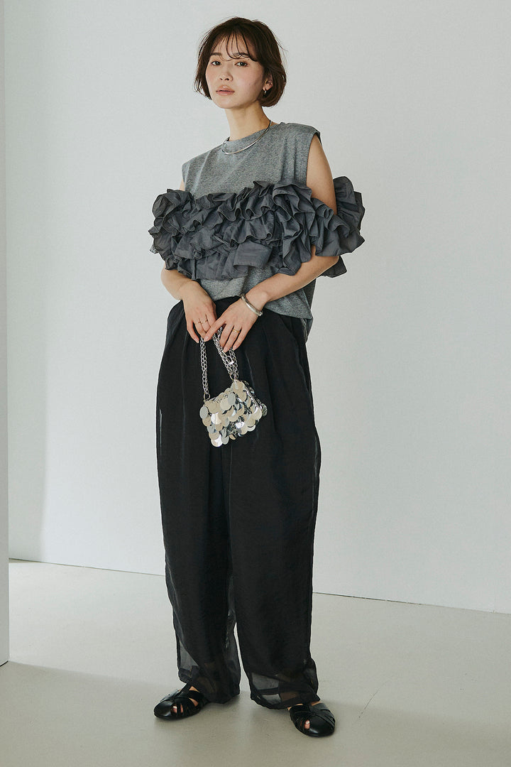 [SET]天竺ナイロンドッキングビスチェ風トップス+オーガンジータックパンツ(2set)