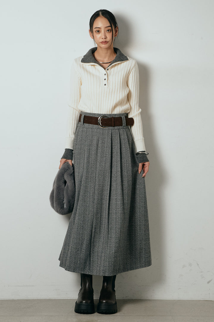 [SET]レイヤード風リブニットトップス+太ベルト付きヘリンボーンプリーツスカート(2set)