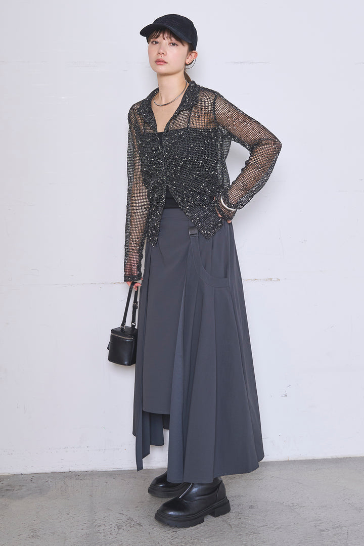 [SET]ネップメッシュポロ襟カーディガン+ラップレイヤードアシンメトリーデザインスカート(2set)