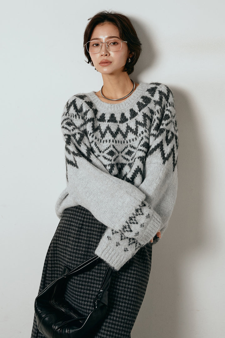 [SET]ノルディック柄Uネックプルオーバー+スエード調ベルト付きチェックナロースカート(2set)