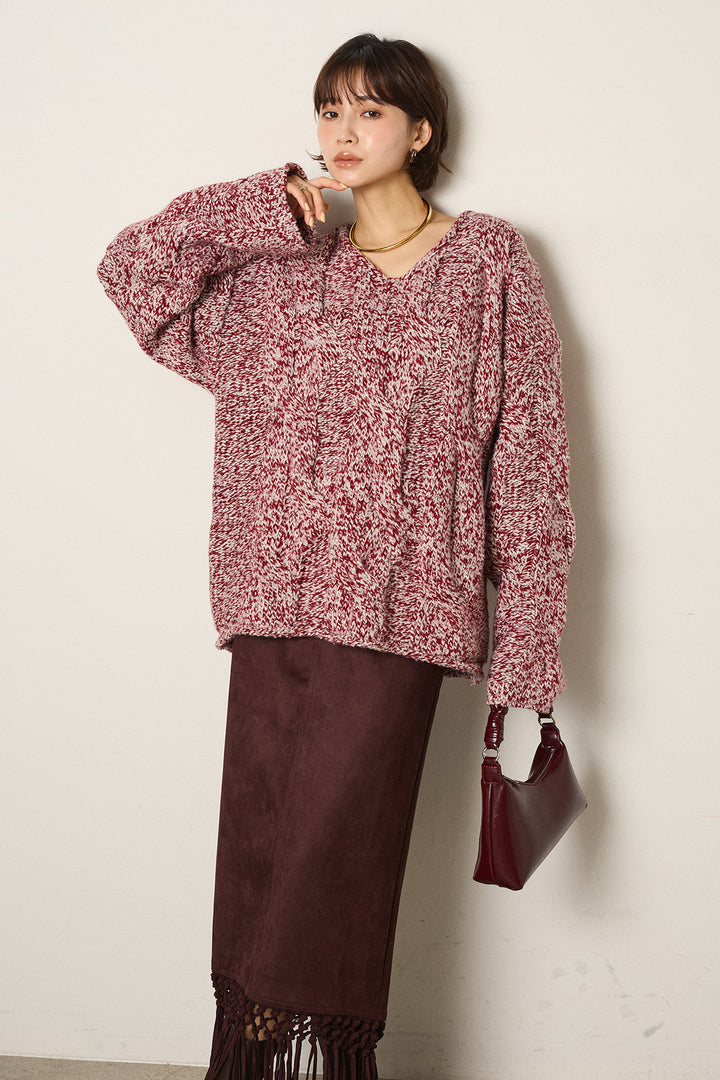 [SET]Vネックミックス編みニットトップス+スウェードライク裾フリンジスカート(2set)