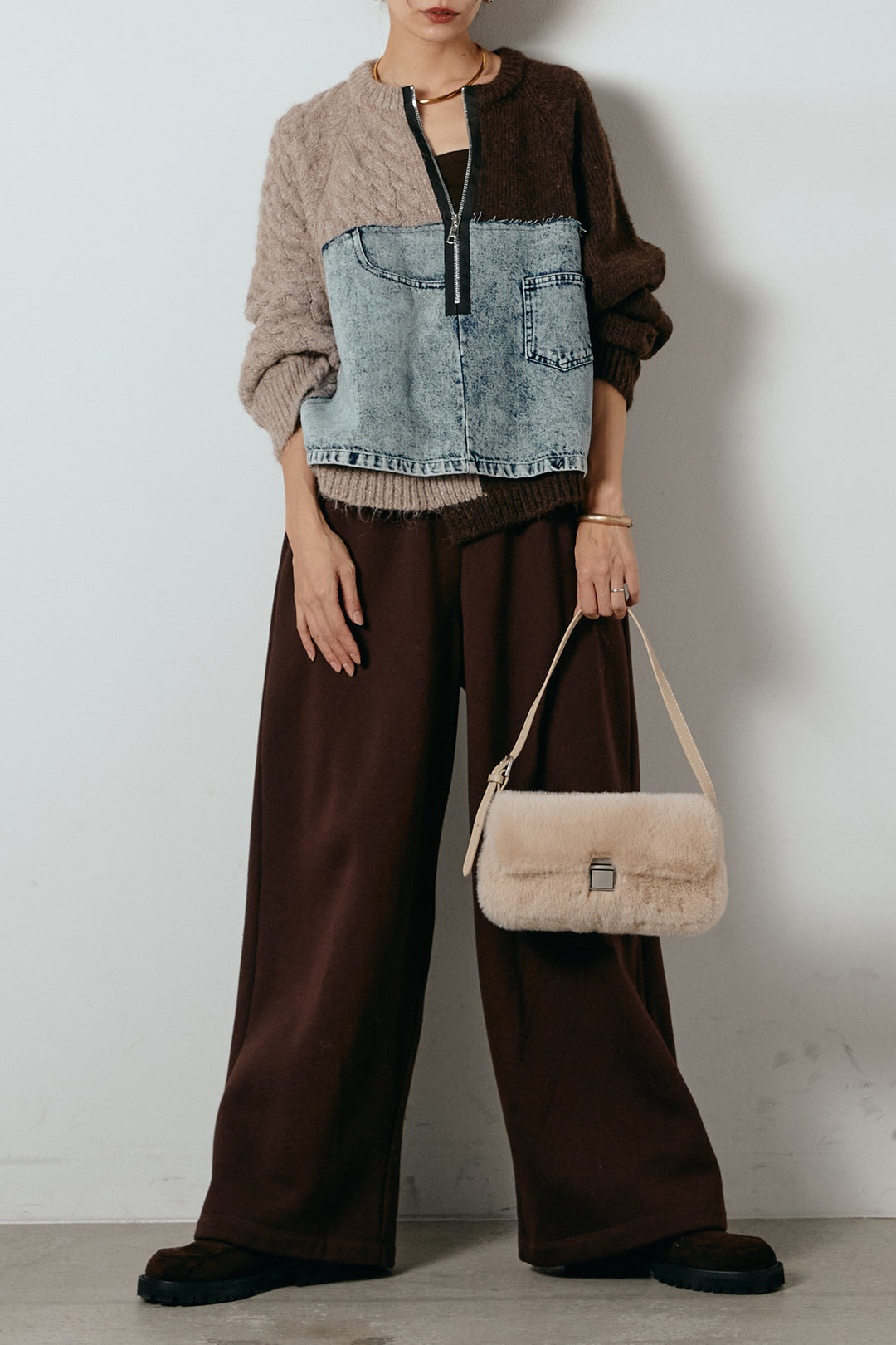 [SET]ハーフジップニットデニムドッキングトップス+裏起毛スウェットワイドパンツ(2set)