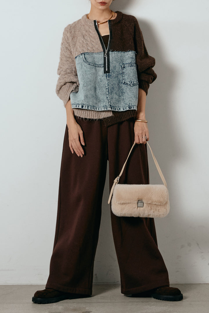 [SET]ハーフジップニットデニムドッキングトップス+裏起毛スウェットワイドパンツ(2set)