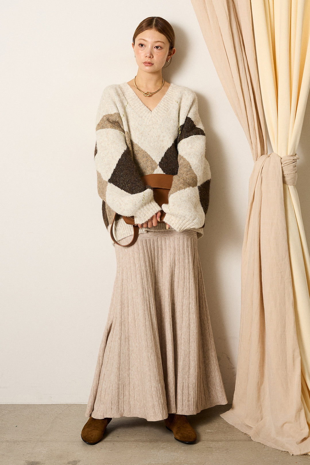 【着回しセット】[SET]ルーズアーガイルVネックニット+ルーズアーガイルVネックニット(2set)