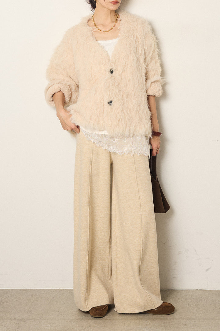 [SET]起毛シャギーニットカーディガン+センターラインニットパンツ+レース切り替えキャミソール(3set)