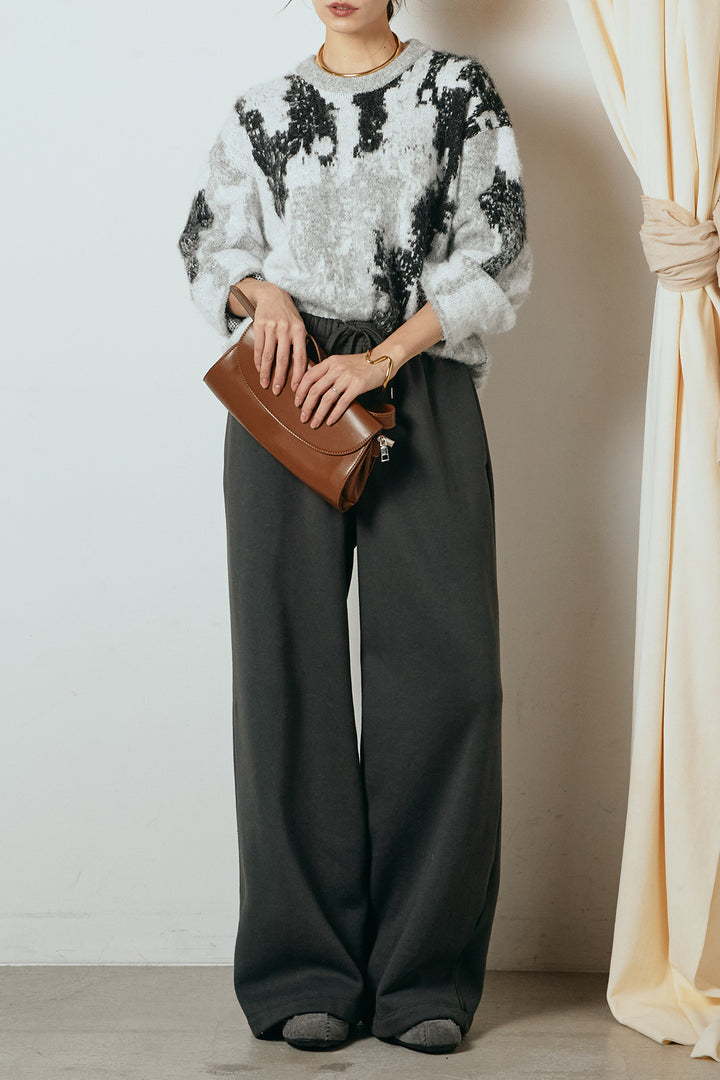 [SET]起毛ニュアンス柄ニットプルオーバー+裏起毛スウェットワイドパンツ(2set)