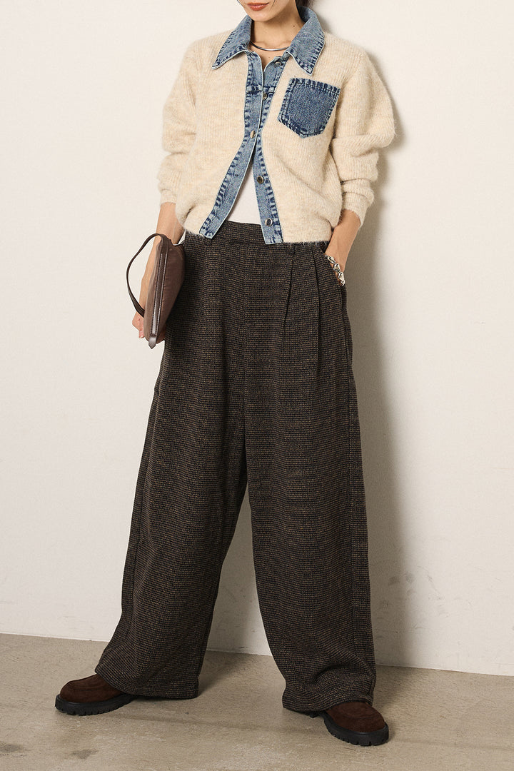 [SET]襟付きデニム切替ニットカーディガン+起毛タック入りツイードワイドパンツ(2set)