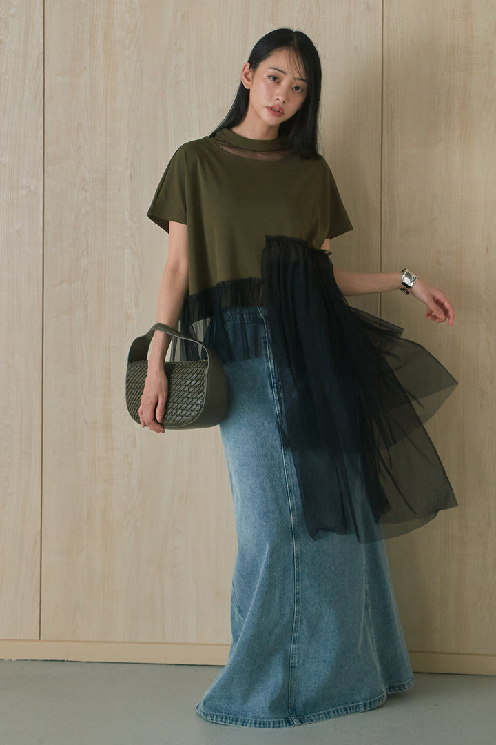 [SET]アシンメトリーチュールフリルTシャツ+デニムロングフレアスカート(2set)