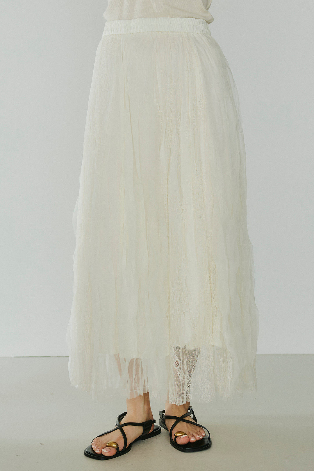 [SET]レースロゴ刺繍Tシャツ+レースコンビワッシャーギャザースカート(2set)