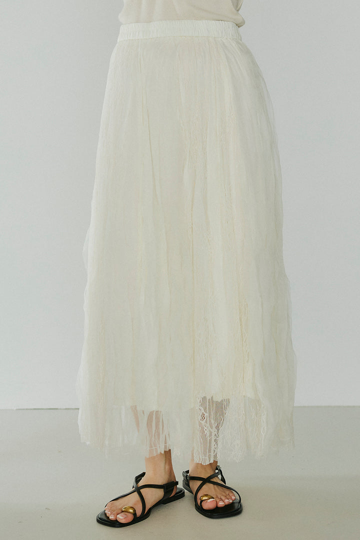 [SET]レースロゴ刺繍Tシャツ+レースコンビワッシャーギャザースカート(2set)