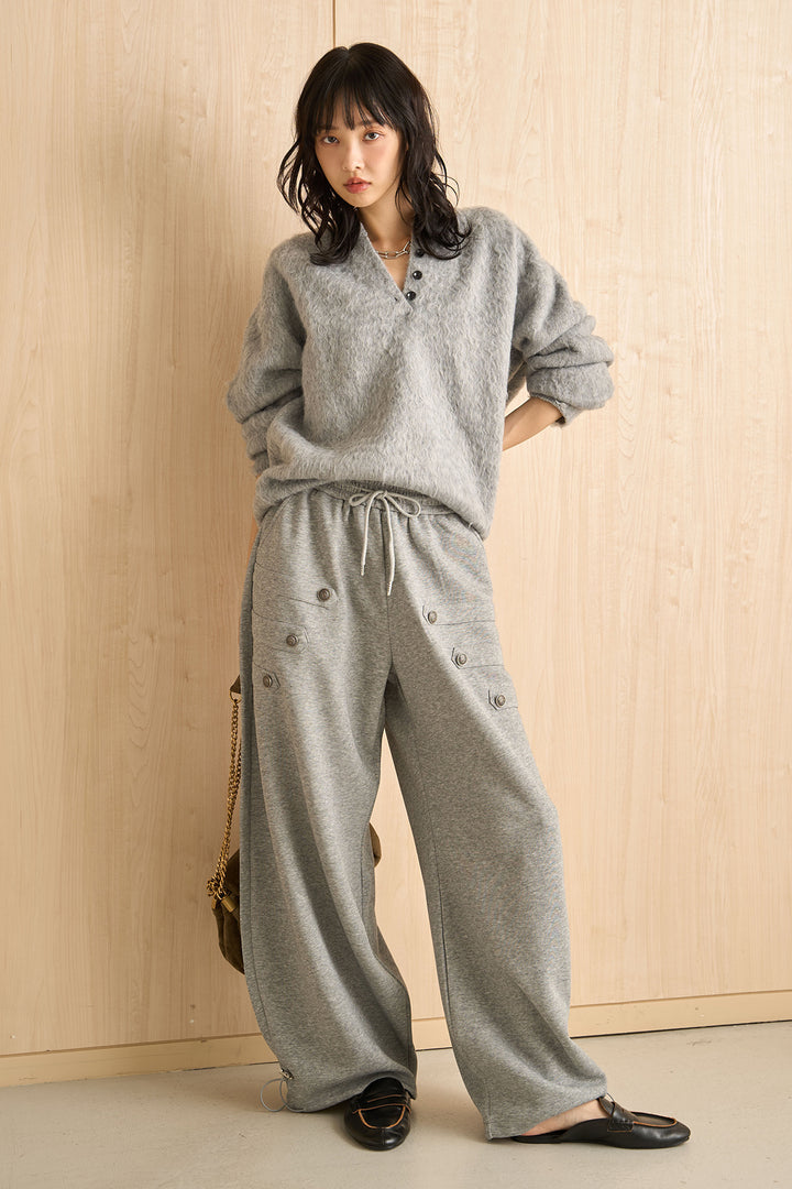 [SET]シャギーヘンリーオーバーニット+ナポレオンデザインスウェットカーブパンツ(2set)