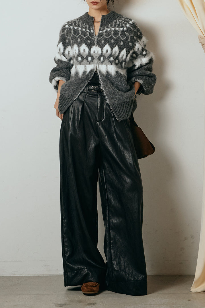 [SET]起毛ダブルジップパターンニットカーディガン+ベルト付きレザーライクタックパンツ(2set)