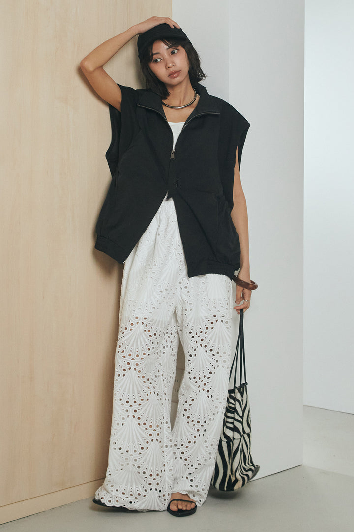 [SET]ショルダー切替スタンドネックジップベスト+レース刺繍リラックスパンツ(2set)