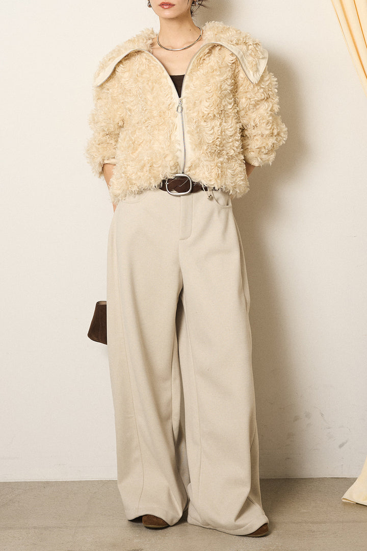 [SET]ビッグカラープードルボアアウター+編みベルト付きワイドパンツ(2set)