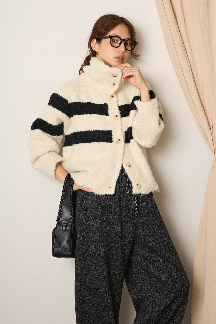 [SET]ハイネックボーダーニットカーディガン+杢ニットフレアパンツ(2set)