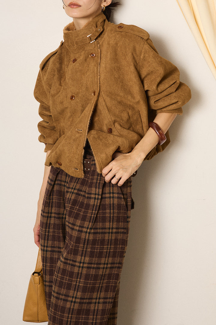 [SET]スタンド襟スウェードライクアウター+スタッズデザインベルトタータンチェックパンツ(2set)