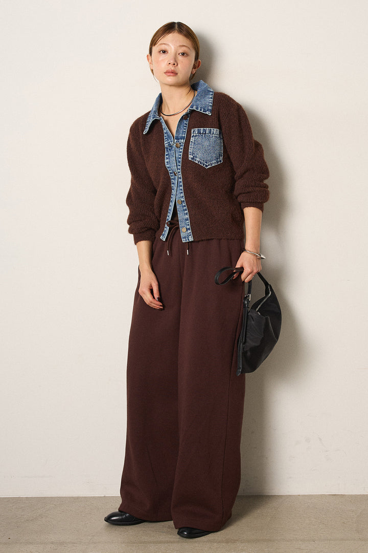 [SET]襟付きデニム切替ニットカーディガン+裏起毛スウェットワイドパンツ(2set)