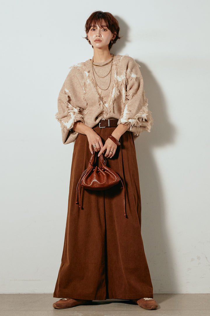 [SET]シャギージャガードニットトップス+太ベルト付きコーデュロイタックパンツ(2set)