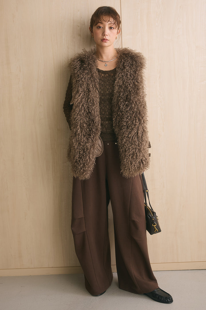 [SET]ロングシャギーファーベスト+スタッズ付きニーサイドタックスウェットパンツ(2set)