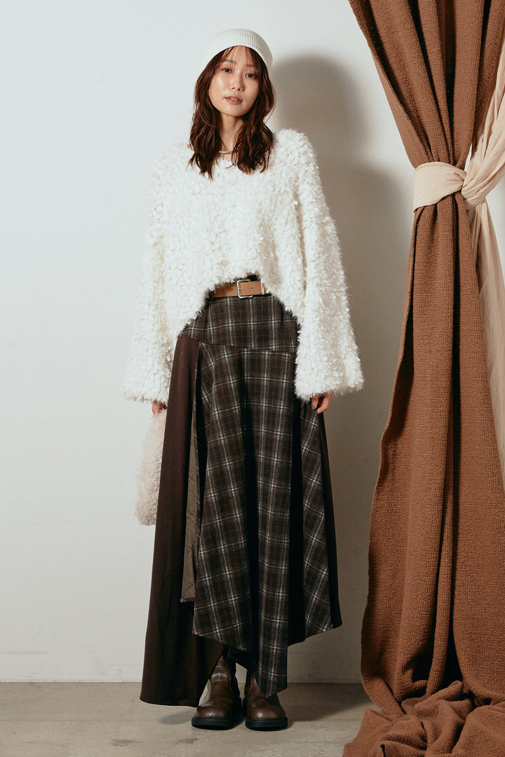 [SET]深Vネックチョウチョヤーンニットトップス+フェイクレザーベルト付き切り替えタータンチェックスカート(2set)
