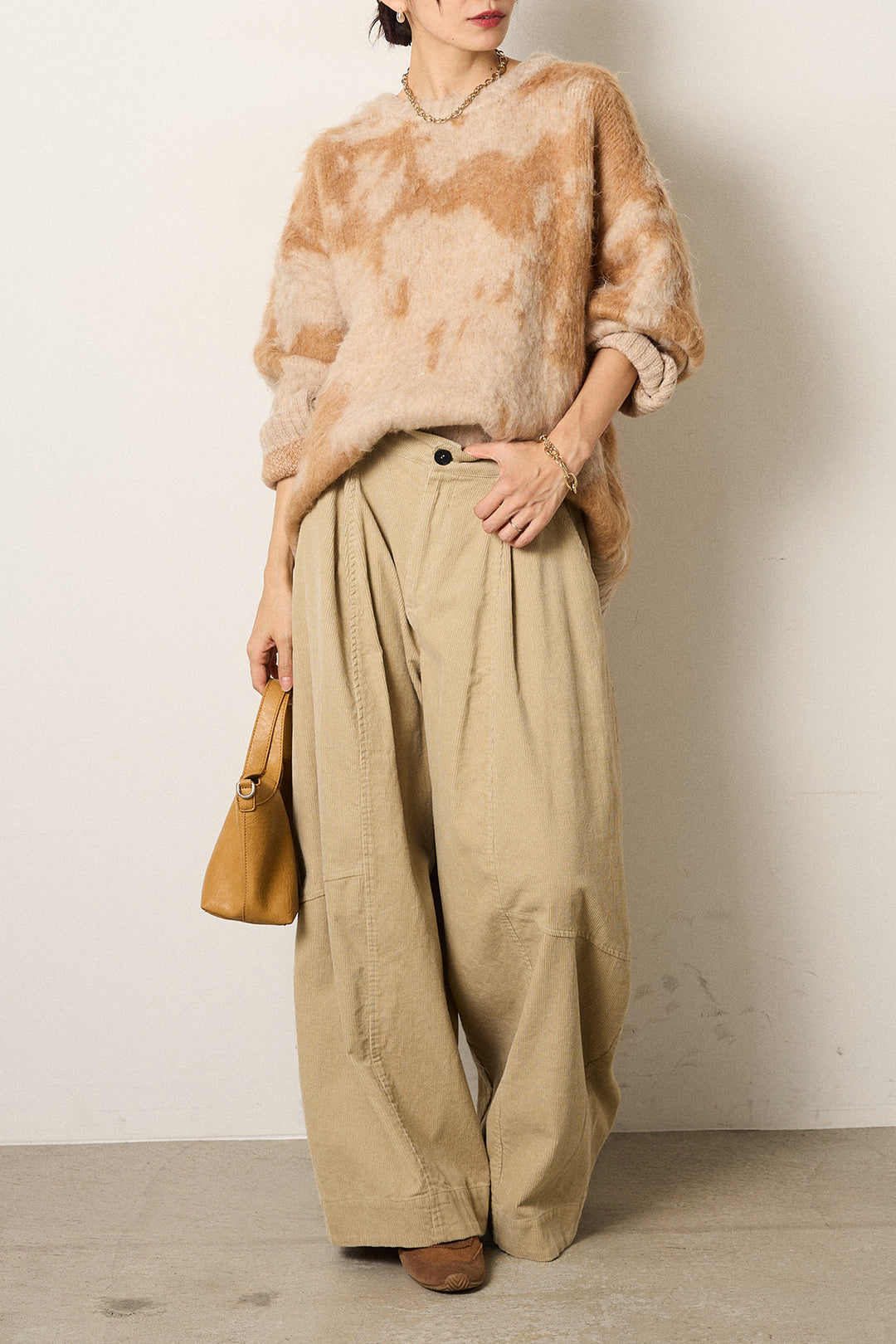 [SET]モヘアタッチマーブルニット+タック入りコーデュロイワイドパンツ(2set)