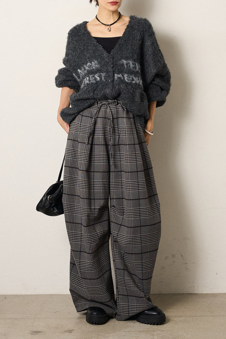 [SET]ウール混透かしロゴニットカーディガン+グレンチェックルーズタックパンツ(2set)