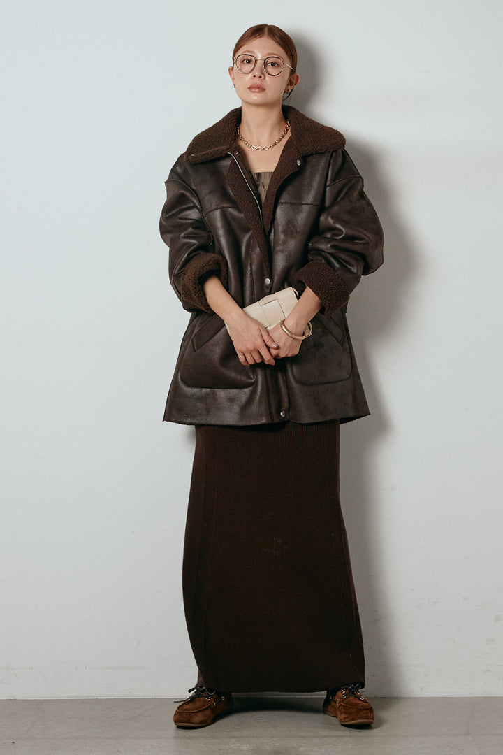 [SET]リバーシブルエコムートンコート+リブナローニットスカート(2set)