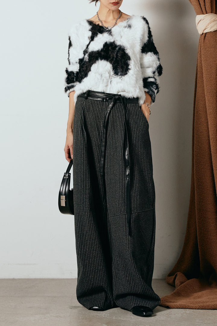 [SET]タイダイ柄シャギーニットトップス+レザーライク配色ストライプパンツ(2set)