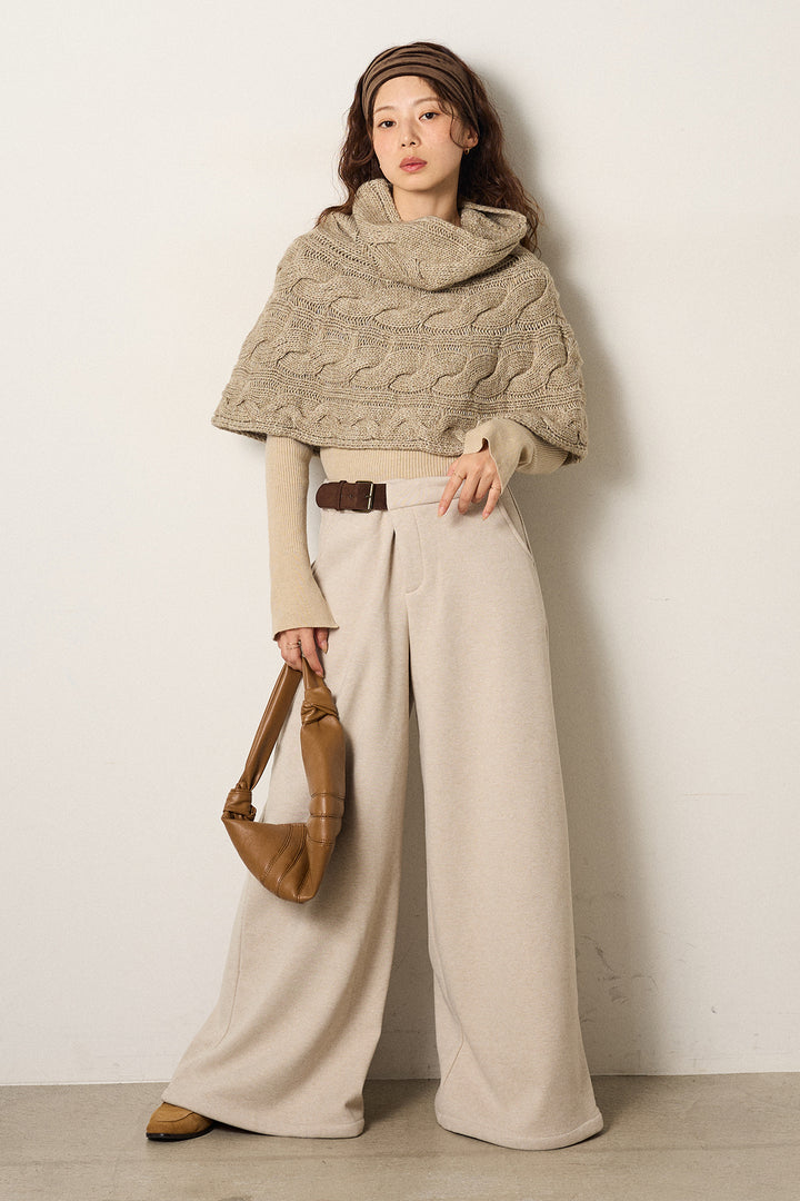 [SET]ケーブル編みケープレイヤードニット+サイドベルトパンツ(2set)