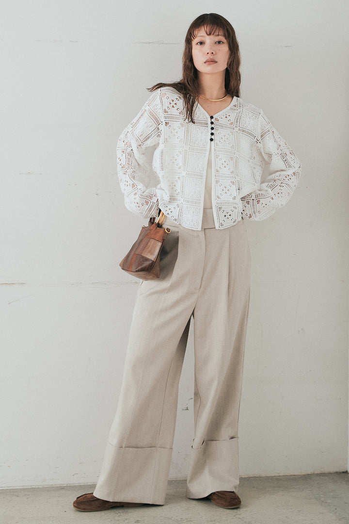 [SET]クロシェレースカーディガン+センタープレスセミワイドパンツ(2set)