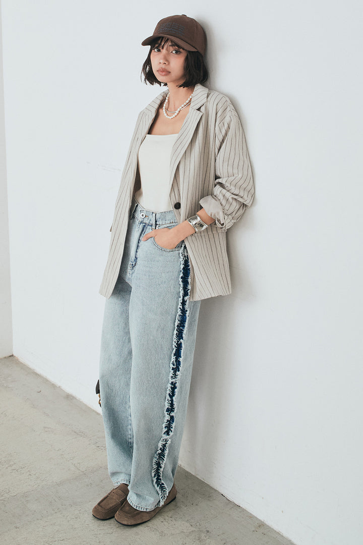 [SET]リネンライクストライプテーラードジャケット+デニムサイドフリルパンツ(2set)