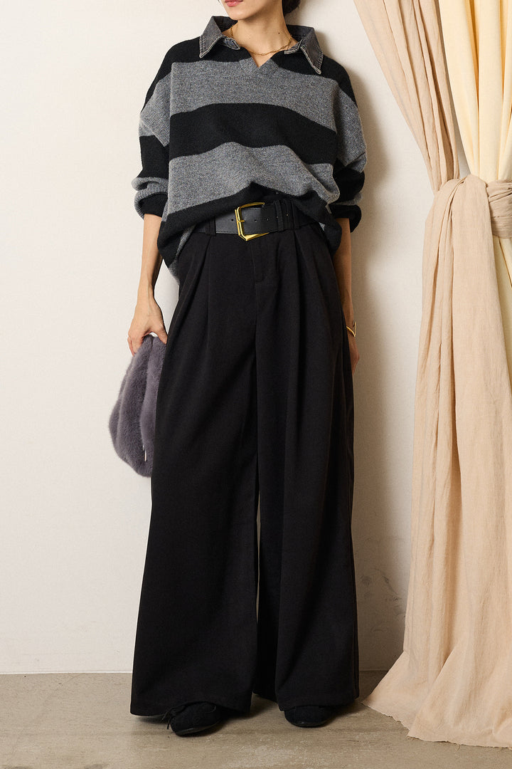 [SET]デニムカラーボーダールーズニット+ゴールドバックル太ベルト付きワイドパンツ(2set)