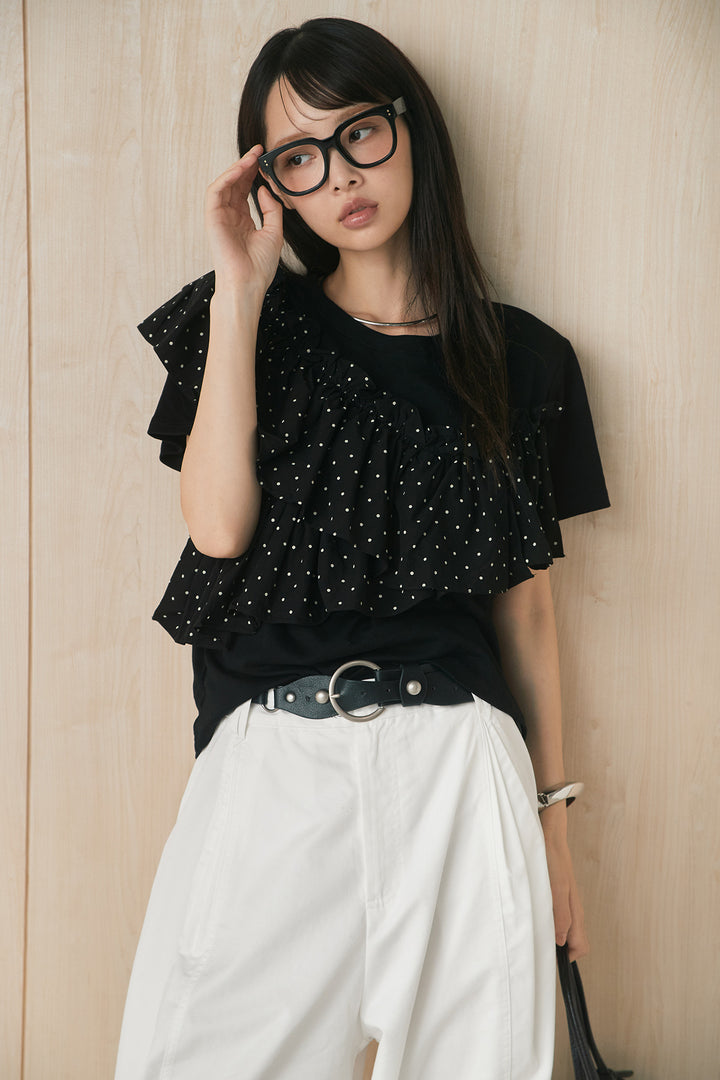 [SET]ドットアシメフリルデザインTシャツ+サークルバックルベルト付きタックワイドパンツ(2set)