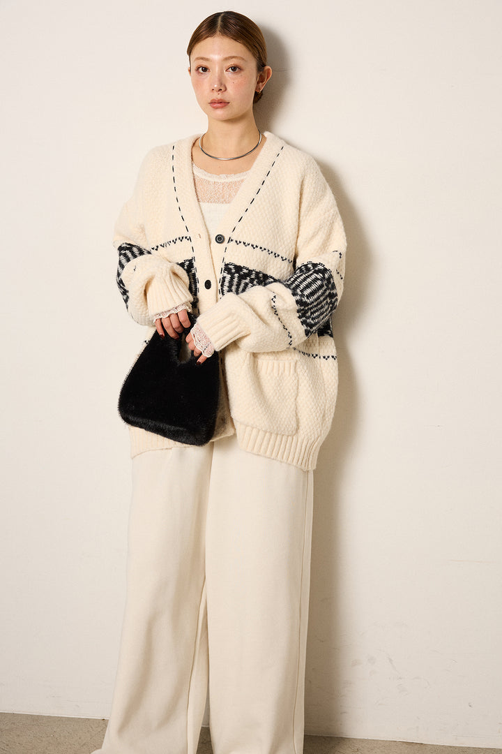 [SET]ライン柄ステッチニットカーディガン+2WAY袖コード刺繍クルーネックプルオーバー(2set)