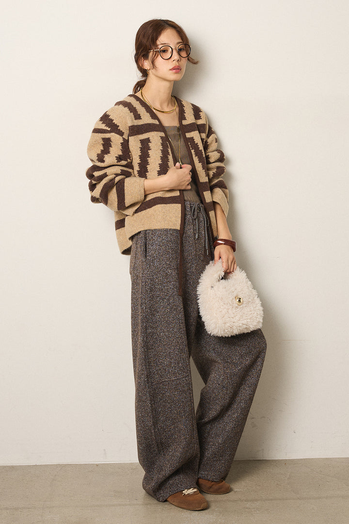 [SET]幾何学柄ノーカラーカーディガン+杢ニットフレアパンツ(2set)