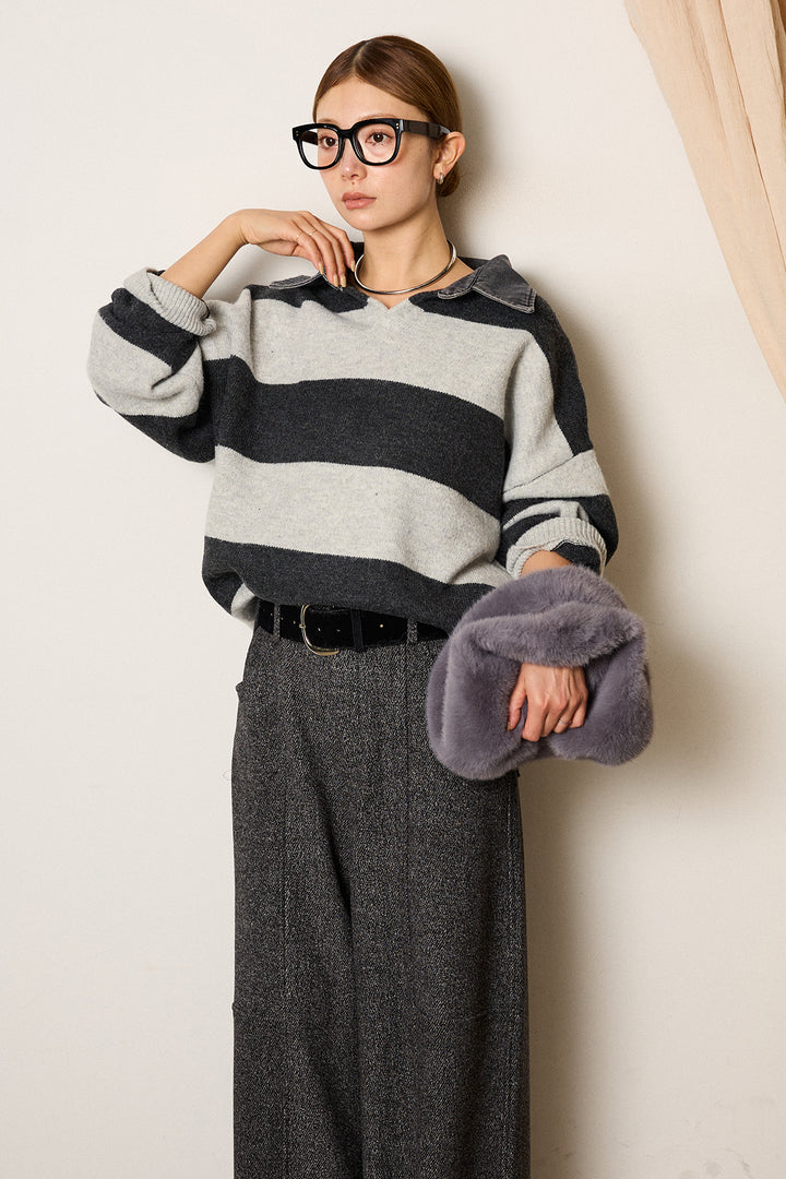 [SET]デニムカラーボーダールーズニット+太ベルト付きツイードワイドパンツ(2set)