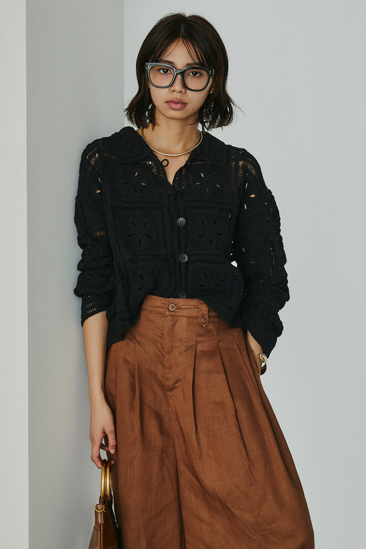 [SET]鍵編みフラワーレースカーディガン+タック入りワイドパンツ(2set)