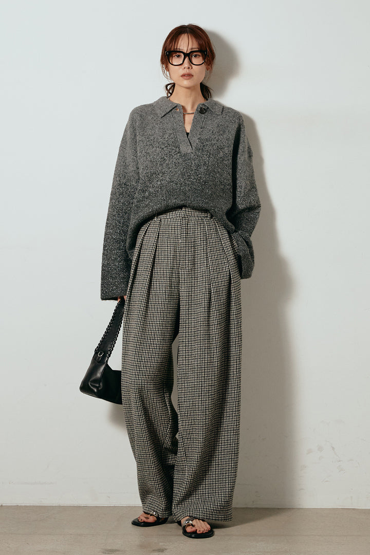 [SET]グラデーションラメニットキーネックプルオーバー+ガンクラブチェックタックパンツ(2set)