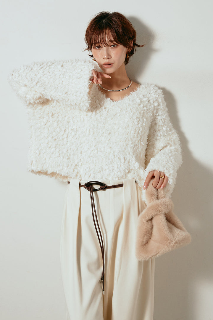 [SET]深Vネックチョウチョヤーンニットトップス+細フェイクレザーベルト付きワイドタックパンツ(2set)