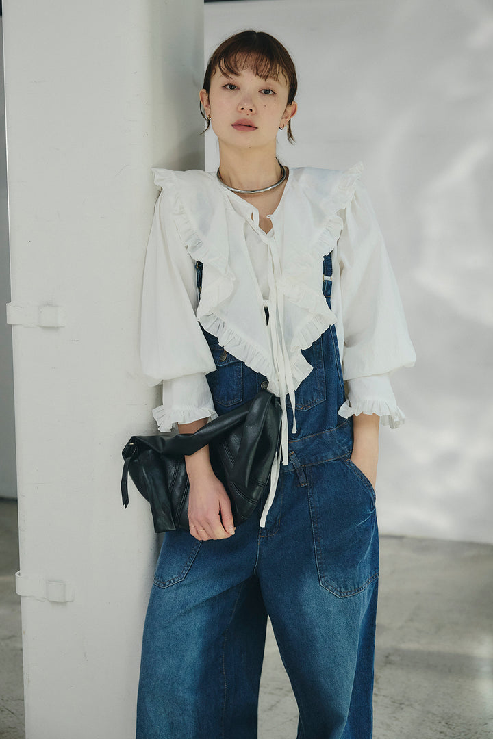 [SET]コットンフリルブラウス+デニムサロペットワイドパンツ(2set)